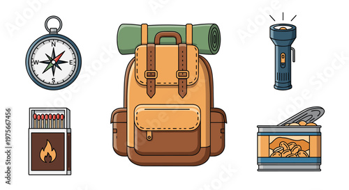 Detailed icons of camping gear including a compass, a large backpack with a sleeping mat, a flashlight, matches, and canned food.