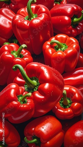 A vibrant close-up of numerous red bell peppers
