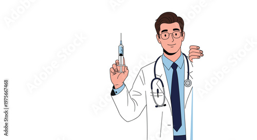 Friendly male doctor in a white coat and stethoscope holding up a syringe with a vaccine while smiling behind a blank white border.