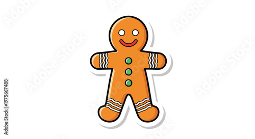 Cute gingerbread man cookie with green buttons and white icing decorations on its arms and legs isolated on a white background.