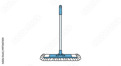 Simple cartoon illustration of a blue and white floor mop with a long handle isolated on a white background for household cleaning themes.