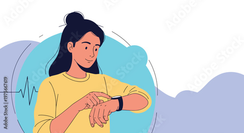 Young woman in a yellow shirt checking her smartwatch with a heartbeat line in the background representing health and fitness monitoring.