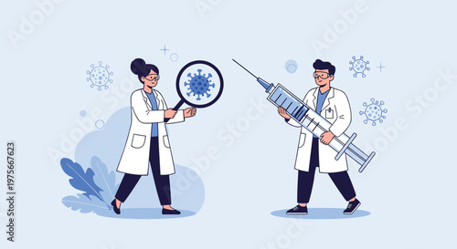 Two scientists in lab coats studying a virus with a giant magnifying glass and a large vaccine syringe for medical research concepts.