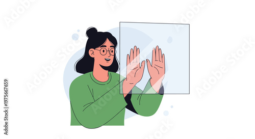 Young woman in a green sweater smiling while touching a blank transparent digital screen or glass panel in a modern technology concept.