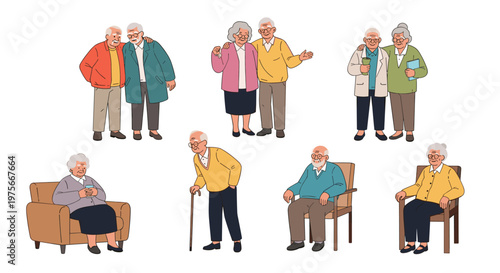 Diverse set of illustrations featuring senior men and women in various activities such as walking with a cane, sitting in an armchair, and hugging.