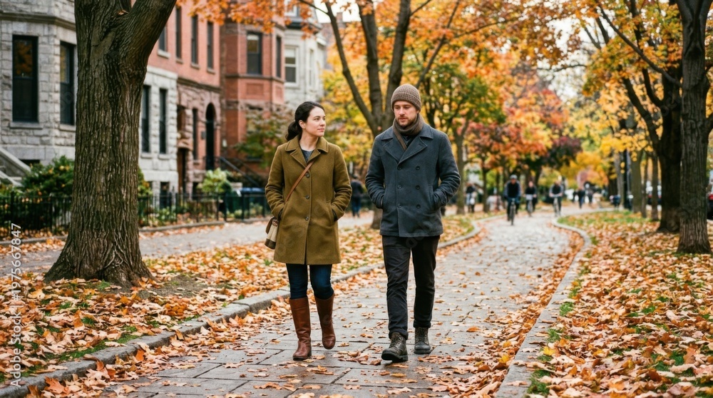 Obraz premium Couple Strolling Through Autumnal Park with Colorful Foliage and Trees.