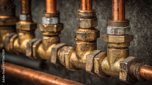 Close Up Of Old Brass Pipe Fittings And Copper Water Pipes With Rusty Texture On A Gray Wall Background With Dramatic Lighting