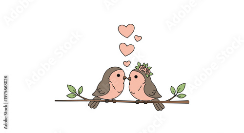 Pair of cute love birds sitting on a tree branch with pink hearts floating above them in a romantic and sweet illustration.