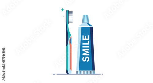 Toothbrush and a tube of blue toothpaste with the word smile printed on it for dental hygiene and daily oral care concepts.