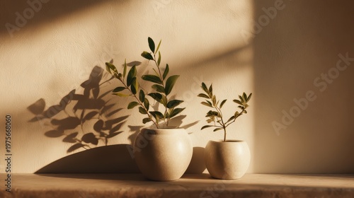 Warm Sunlight Illuminates Two Potted Green Plants on Textured Surface Creating Dramatic Shadows and Geometric Patterns Against a Neutral Wall