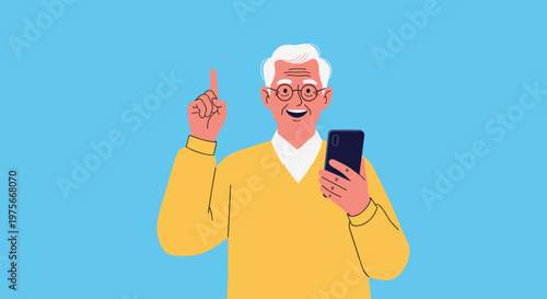 Happy elderly man holding a smartphone and pointing up with his finger as if he just had a great idea or found a solution.