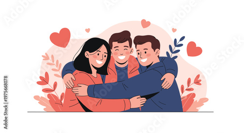 Group of three young friends or family members hugging each other surrounded by red hearts and leaves in a warm illustration.