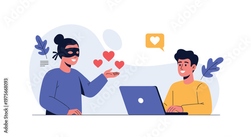 Young man sitting at a laptop being tricked by a person in a mask offering fake love representing online dating scams.