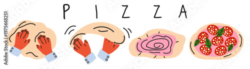 Step by step process of making homemade pizza. Hand drawn illustration showing dough kneading, stretching, adding toppings and the final baked pizza. Vector illustration