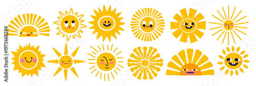Large collection of funny hand drawn sun characters with different faces and rays. Vector cute yellow sun icons in doodle style for stickers, kids design, summer theme