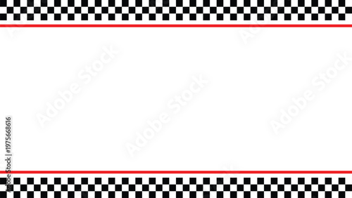 Checkered racing border frame, motorsport flag pattern with horizontal stripe lines, black and white grid edges, race track themed layout for sports posters, event banners, automotive branding design.