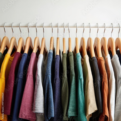 Assortment of Casual Knitwear Sweaters in Various Colors and Textures Hanging on Wooden Hangers in a Closet Displaying a Spectrum of Jewel Tones and Earthy Hues Under Soft Overhead Lighting