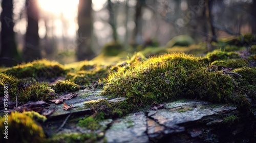 Close-up of vibrant green moss covered rocks in a sunlit forest with soft golden hour light filtering through trees creating a serene and natural atmosphere