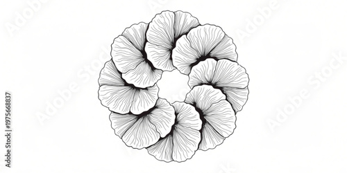 Abstract circular floral pattern design in black and white line art