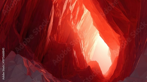 Abstract Lava Cave Cavernous Interior with Glowing Orange and Red Hues Reflecting Intense Heat and Fiery Textures with Geometric Pixelated Patterns and Dramatic Lighting Creating a Volcanic Landscape