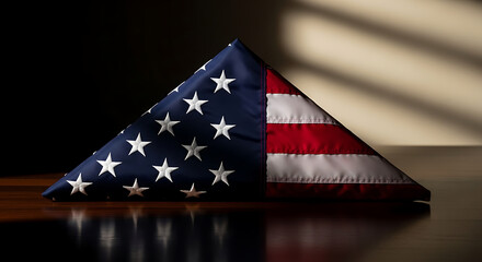 Solemn Folded American Flag on Wooden Surface Memorial Concept