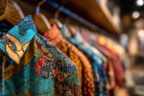 Close Up of Vibrant Tropical Print Shirts Hanging in a Clothing Store Display with Soft Bokeh Background and Warm Interior Lighting