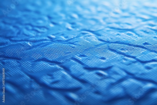 Close up extreme macro shot of a textured woven blue fabric with abstract geometric patterns and subtle light reflections highlighting the intricate weave and raised embossed details creating a