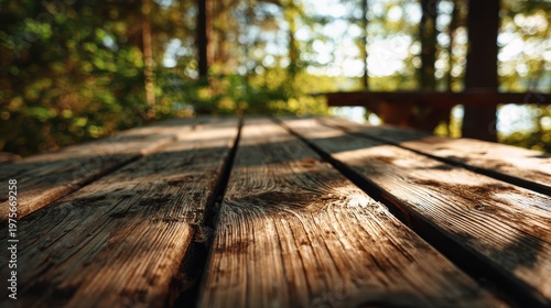 Close-up of weathered wooden picnic table in sun-dappled forest with blurred green trees and distant water reflecting warm golden hour sunlight
