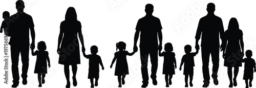 Family silhouette collection, parents children walking vector artwork, togetherness illustration, group lifestyle design composition