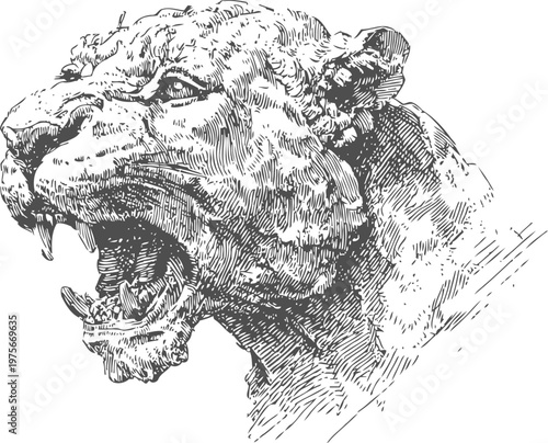 Roaring lioness head drawing detailed wild animal sketch with open mouth and visible teeth