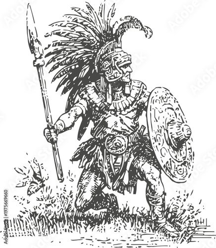 aztec warrior armed with spear and shield in traditional feathered headdress and armor