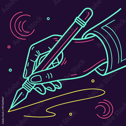 Neon line art hand drawing with fountain pen nib.