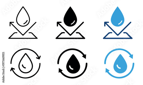 Waterproof and Water Cycle Icon Set - Water Drop Protection, Moisture Resistant Surface, and Liquid Circulation Symbols for Fabric, Skincare, and Plumbing