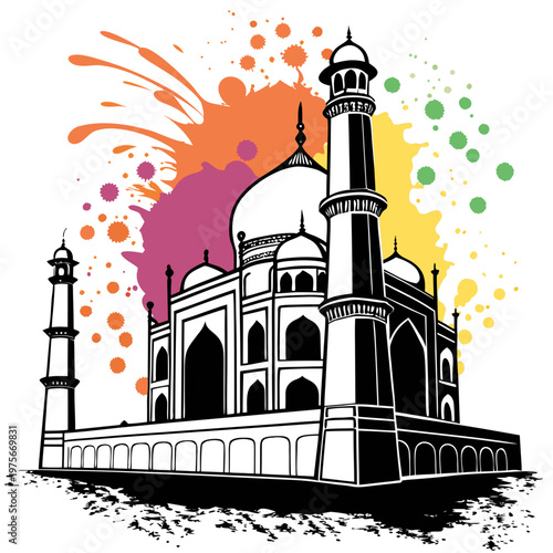 Taj mahal landmark building with colorful splash.