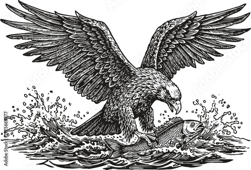 Eagle catching fish in water splash detailed wild bird hunting aquatic prey in nature
