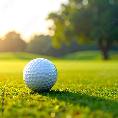 A golf ball sits on a lush green grassy field with trees and sunlight