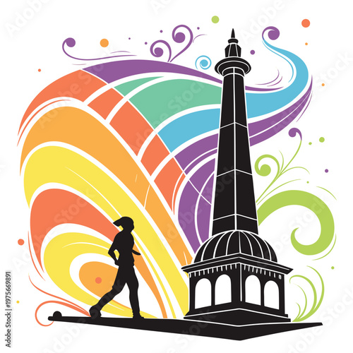 Runner at tower with rainbow abstract wavy background.