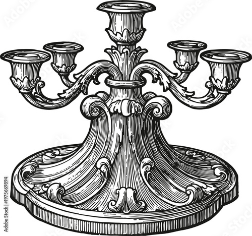 Ornate vintage candelabrum with five candle holders in detailed black and white engraving