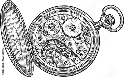 Antique pocket watch with open case showing intricate mechanical gears and clockwork details