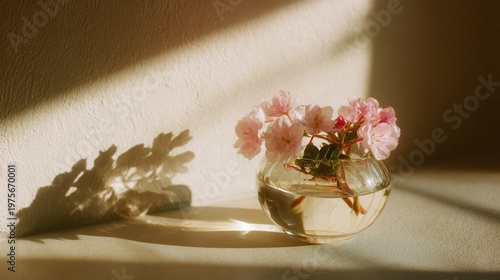 Delicate Pink Cherry Blossoms in a Crystal Vase on a Sunlit Ledge with Artistic Shadow Play