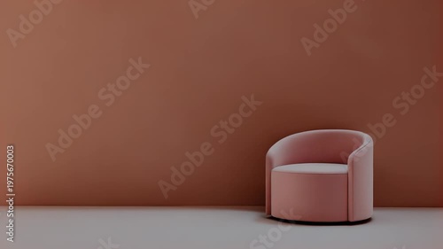 Modern pink armchair in a minimalist room bathed in soft window light, casting diagonal shadows on a peach wallstylish, serene lounge spot for cozy relaxation and design