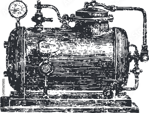 Vintage industrial boiler machine with pressure gauge and pipes detailed engraving