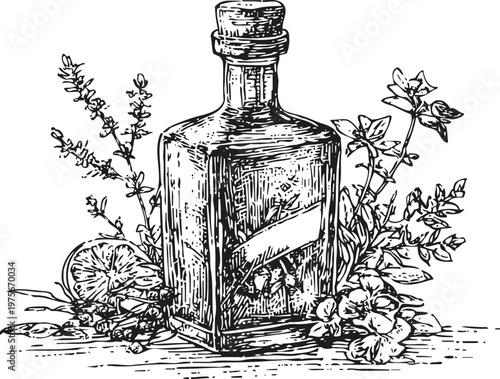 Vintage glass bottle surrounded by herbs and lemon slices hand drawn illustration