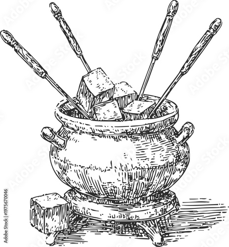 Cheese fondue pot with forks and melted cubes, traditional swiss melted cheese dish