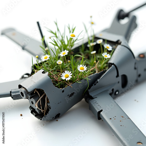 Broken military drone with flowers growing through wreckage isolated on white.