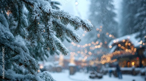 Close up of a snow covered pine branch with soft bokeh lights in the background creating a magical winter atmosphere at dusk
