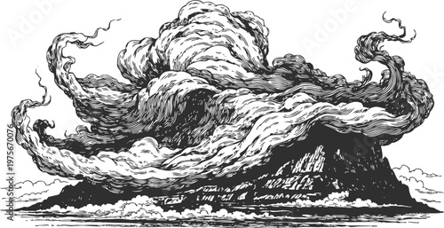 Volcanic eruption illustration with thick smoke cloud and volcanic island silhouette detailed black and white drawing