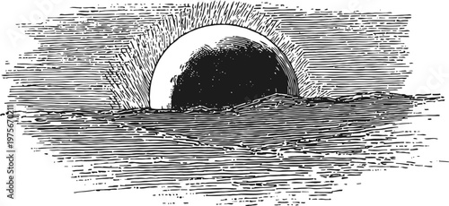 Black sun partially covered by dark clouds vintage monochrome engraving of an eclipse in the sky