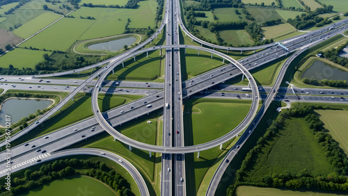 Aerial view of a large highway interchange with multiple roads and green fields