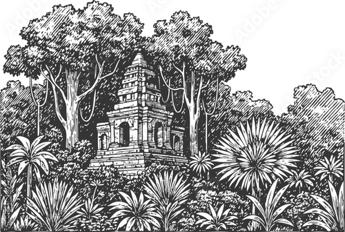 Ancient stone temple ruins in dense jungle surrounded by tropical trees and plants illustration